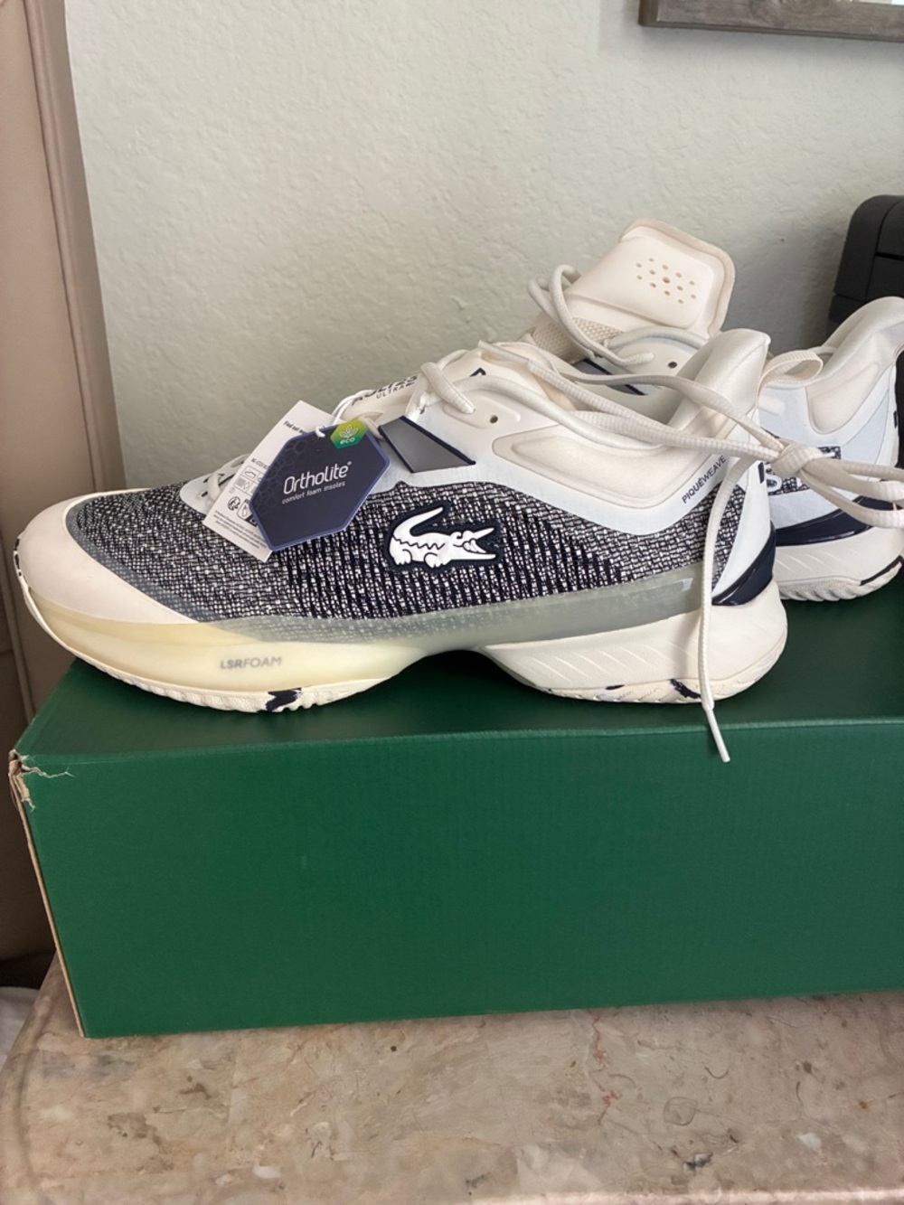 Lacoste White and Navy Knit Court Sneakers